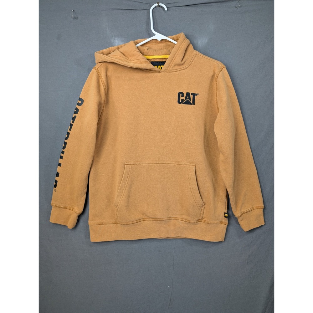 CAT Caterpillar Boys Tan Pullover Hoodie Sweatshirt L 14/16 Graphic Sleeve 7312